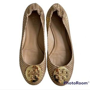 Tory Burch Reva Gold Metallic Snake Embossed Leather Flat